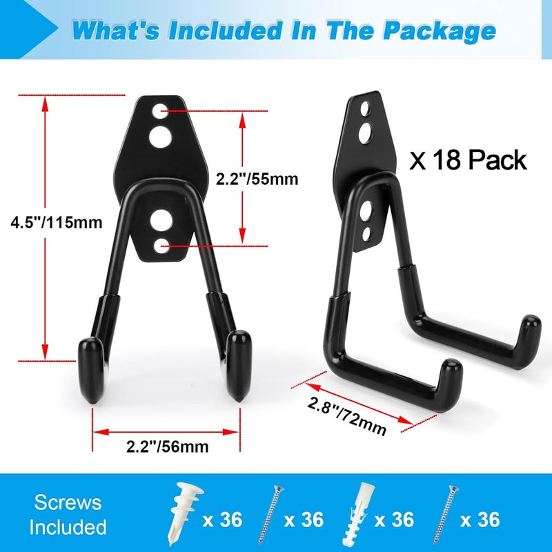 Suprom 18 Pack Garage Hooks Heavy Duty - Supports 100 lbs, Utility Steel Garage Hanger & Organizer for Organizing Garden Lawn Tools, Ladders, Garden Hose, Digging Shovel, Bikes, Ropes - Image 2